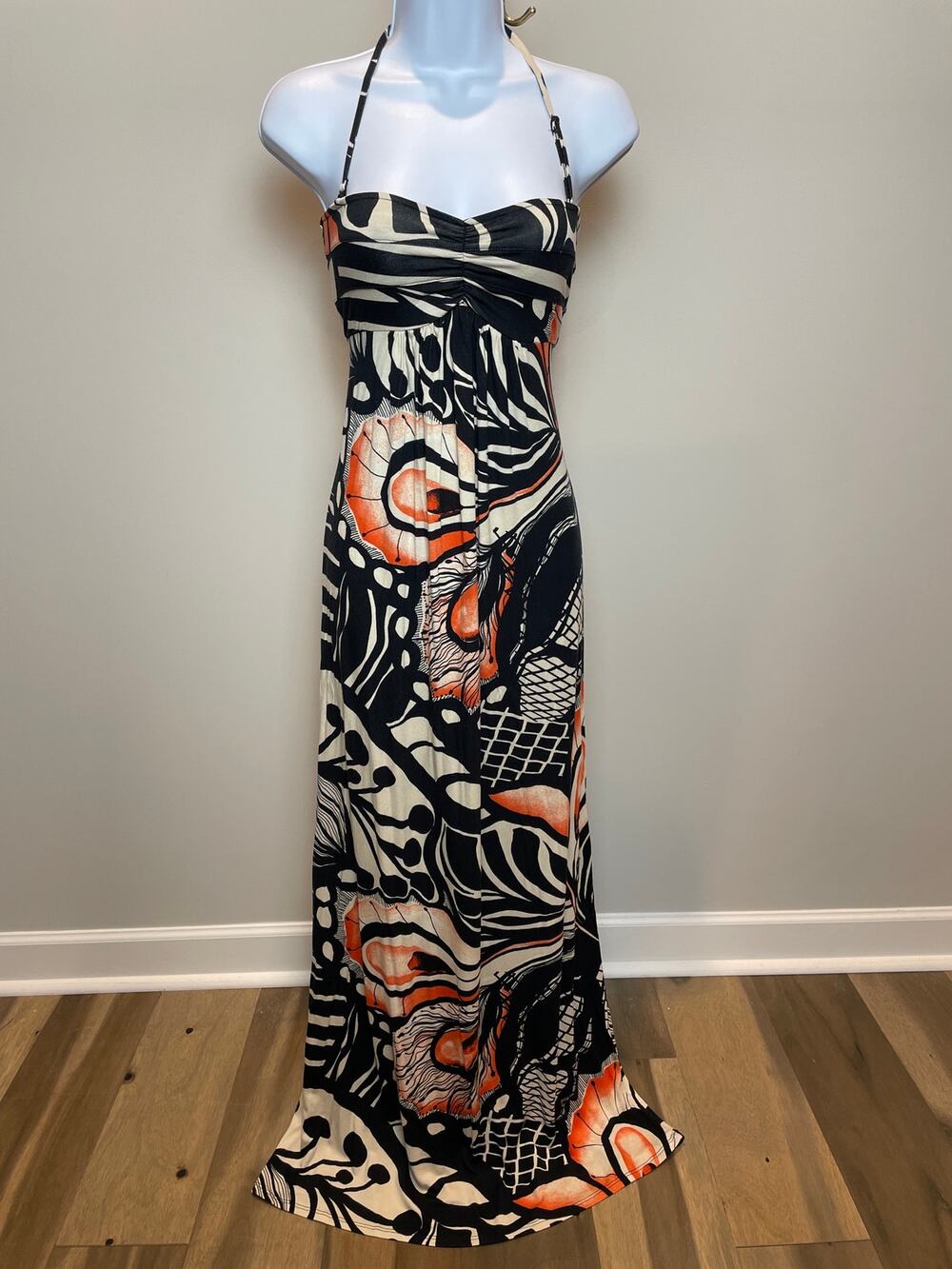 Mark Black White & Orange Maxi Dress with Adjustable Halter Strapless Option S